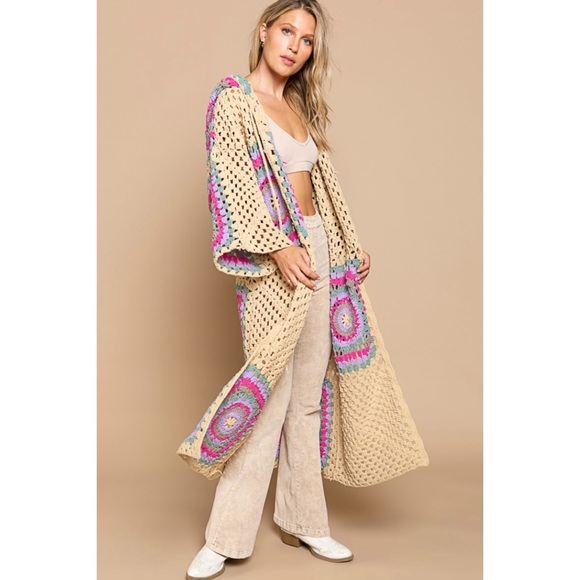 POL Tan & Lavender Crochet Granny Square Chenille Long Cardigan Relaxed Fit - Picture 11 of 13